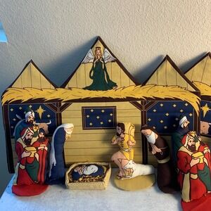 2 Fabric Nativity Sets Stuffed Manger Scene Christmas Cradle Handmade Vintage‎